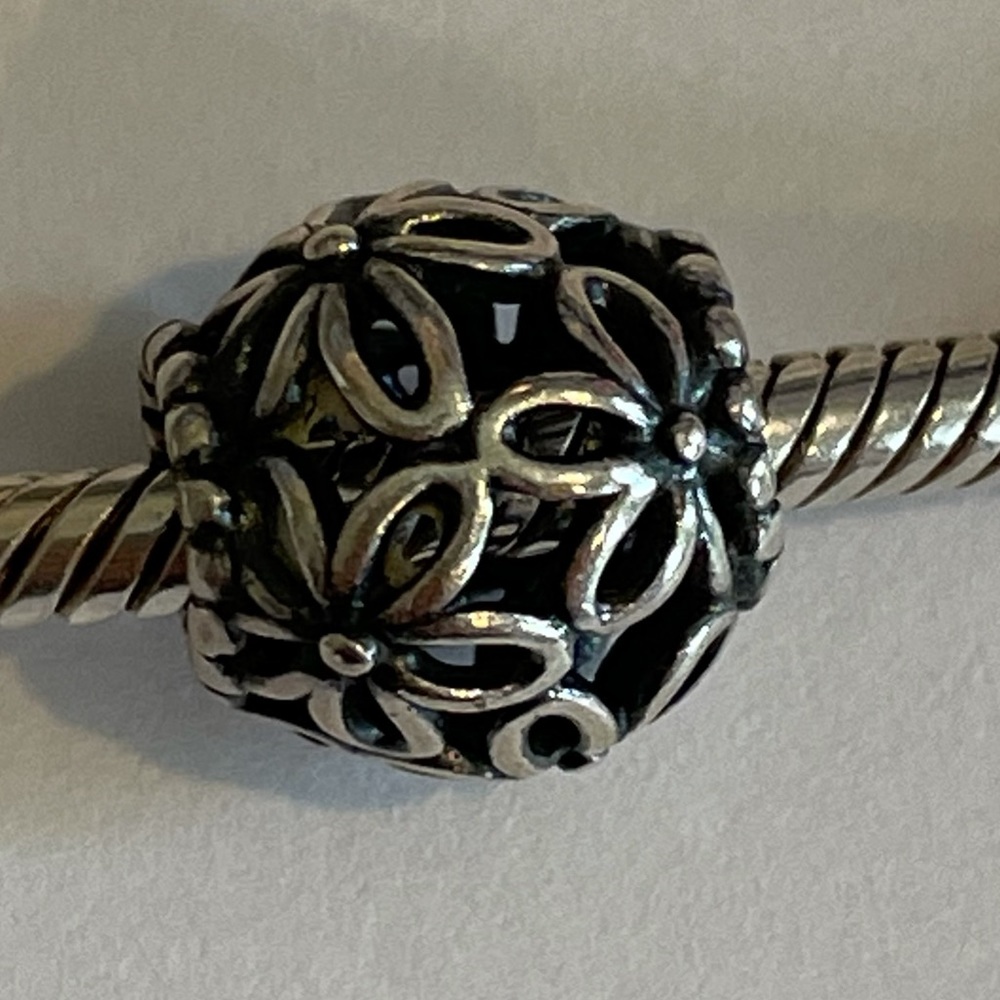 Pandora open work flower barrel charm 925 silver
